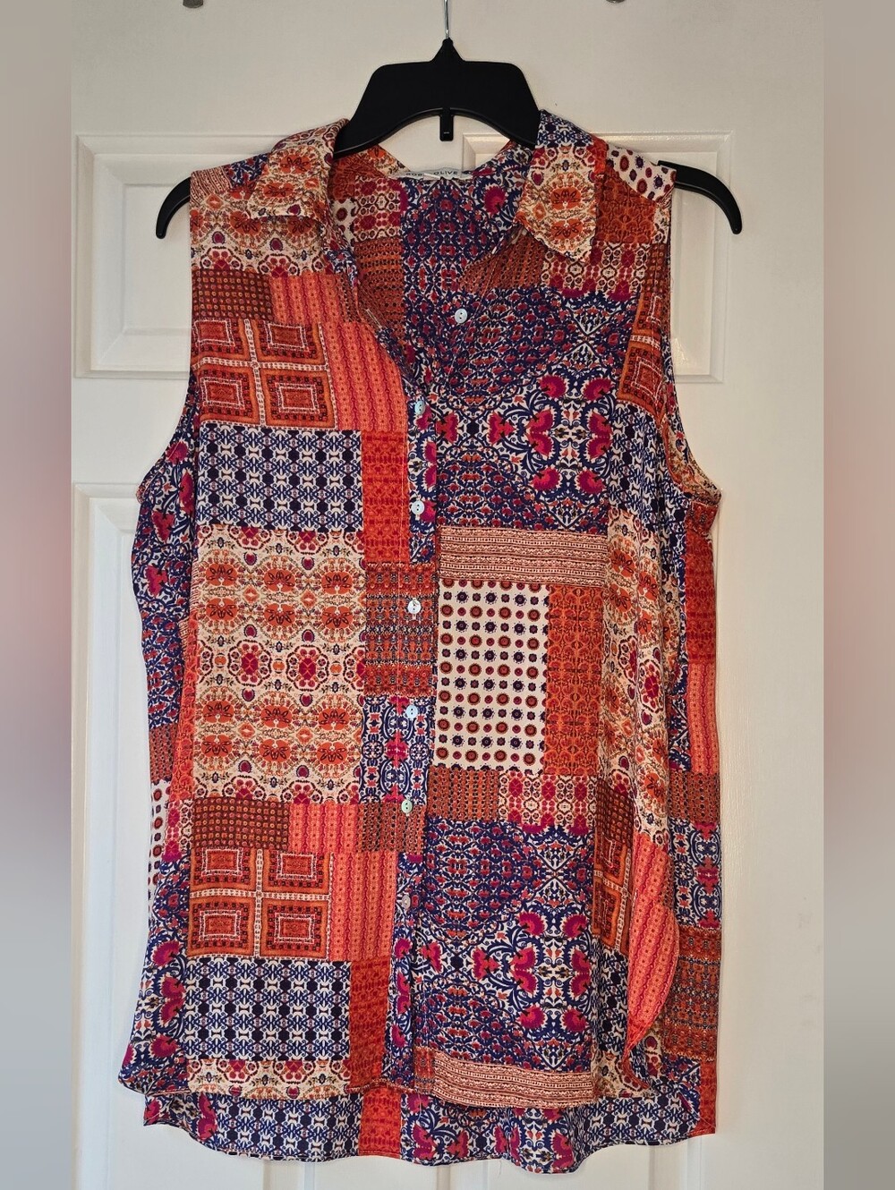 Rose & Olive Women's Sleeveless Patchwork Print Button-Up Blouse Size Large Boho - Picture 3 of 11